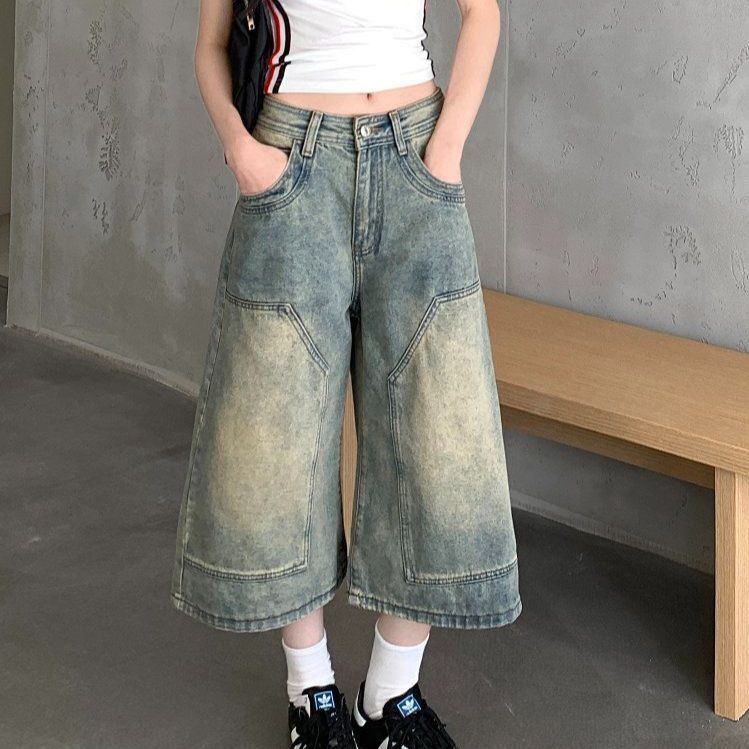 봄 여름 여성 하이웨스트 루즈핏 7부 빈티지 워싱 와이드 데님 팬츠 청바지 라이트블루