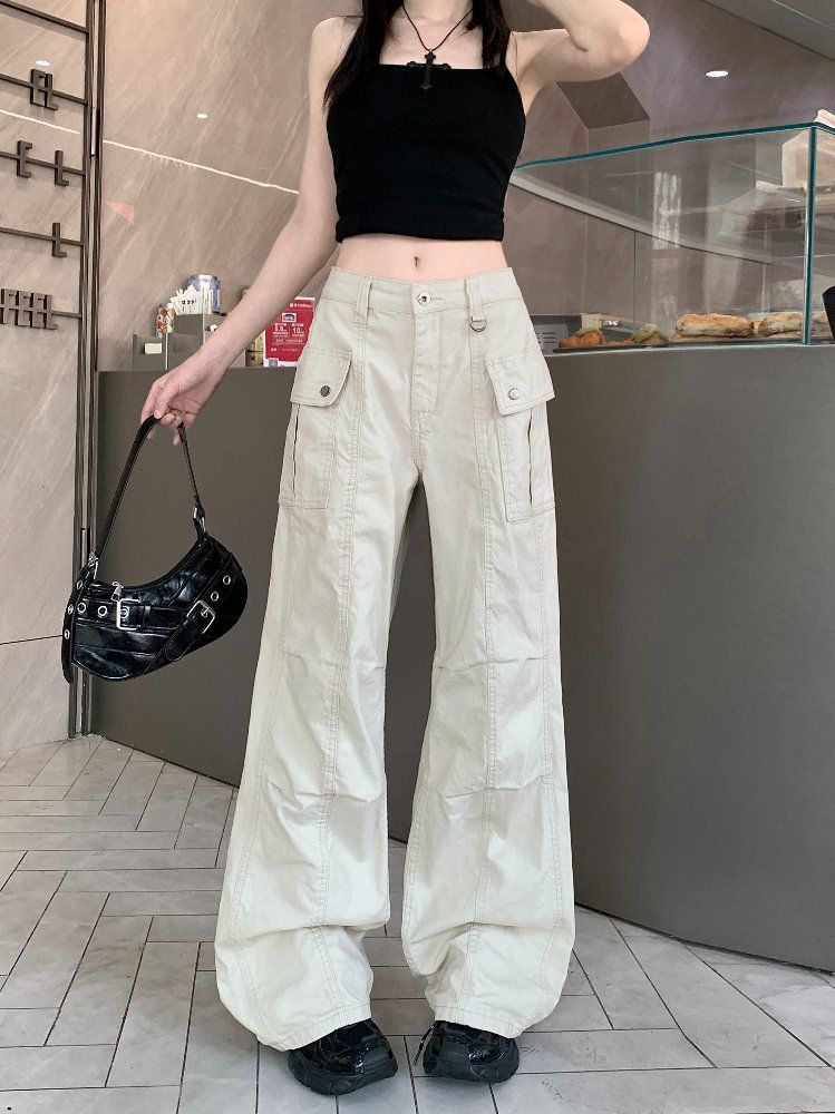 봄 여름 여성 하이웨스트 루즈핏 롱 카고 포켓 면 와이드 팬츠 워크웨어 베이지 - 상세 이미지 2
