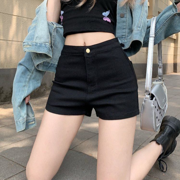 봄 여름 여성 하이웨이스트 슬림핏 타이트 쿨 스판 데님 숏팬츠 빅사이즈 블랙