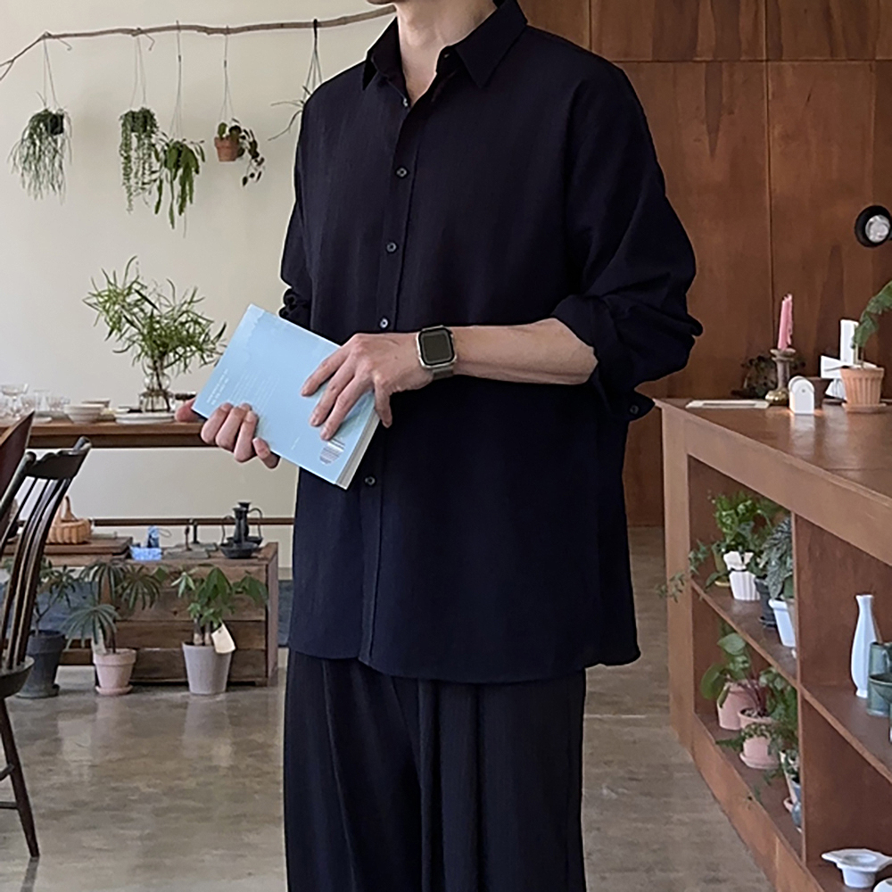 남자 셔츠 흰색 플리츠 남자 여름 셔츠 오버핏 남방 - 상세 이미지 3