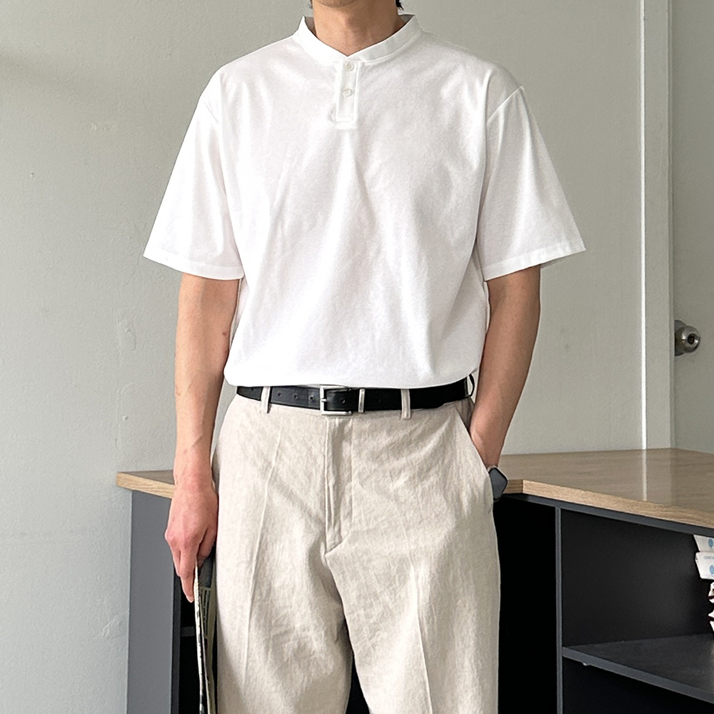 남자 반팔티 구김없는 분또 헨리넥 반팔 피케 티셔츠 - 상품 이미지