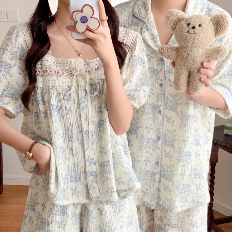 반팔커플잠옷 반바지 레이스 트왈드주이 신혼 자주입는 잠옷 홈웨어 파자마파티