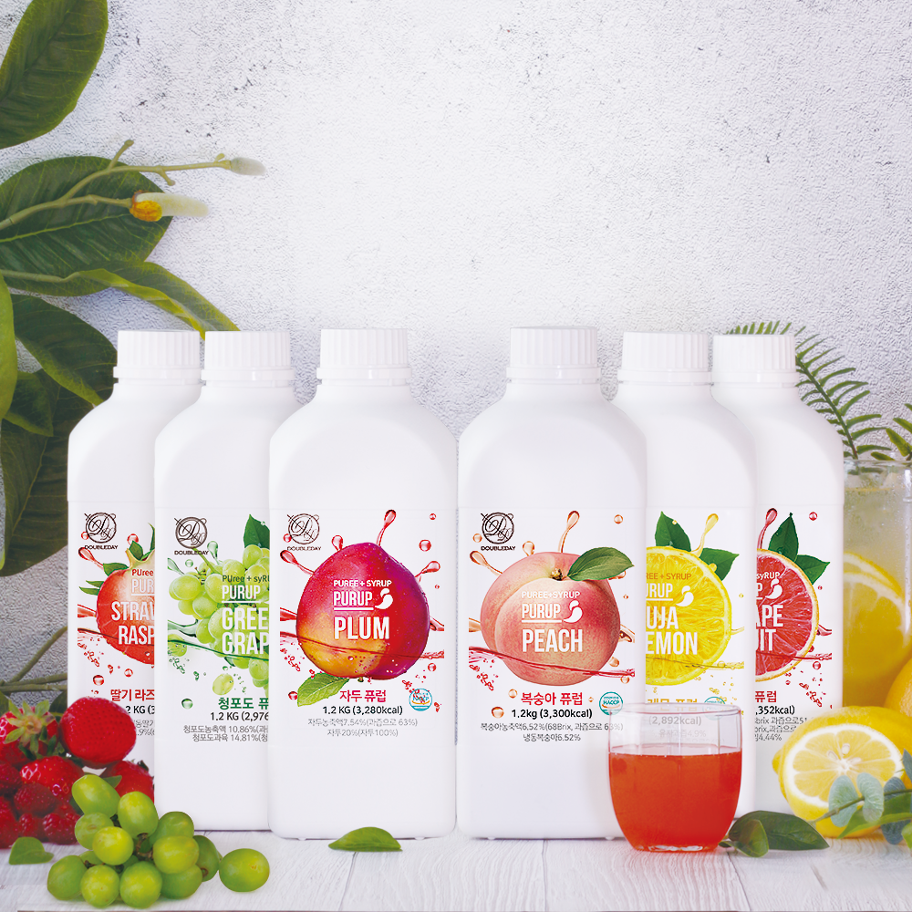 [오늘출발] 더블데이 / 퓨럽 과일농축액 에이드 원액 아이스티 하이볼 베이스 시럽 1.2KG /자몽 청포도 딸기 유자레몬 복숭아 자두 파인애플, 업소용 가정용 과일 베이스 과일청