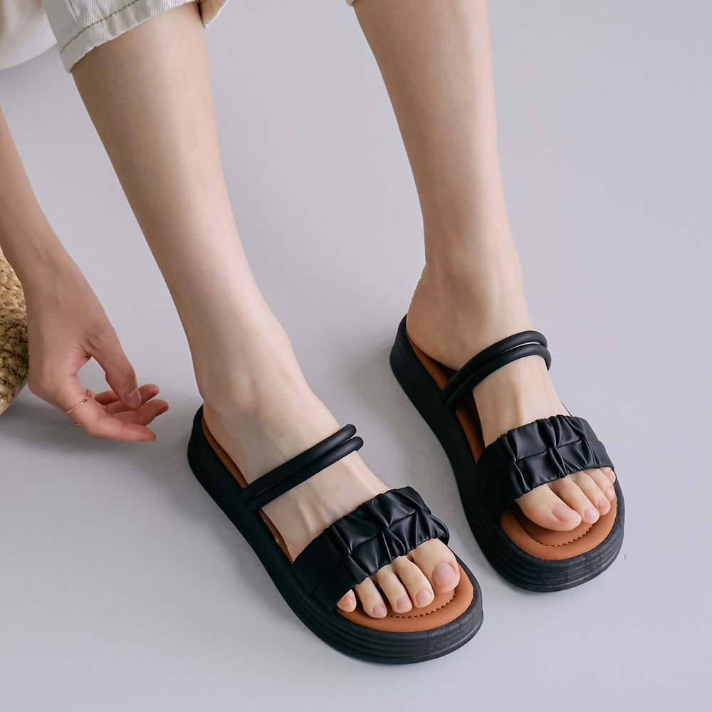 에스유니 여성용 더블 스트랩 셔링 주름 플랫폼 뮬 슬리퍼 3.5cm - 상세 이미지 3
