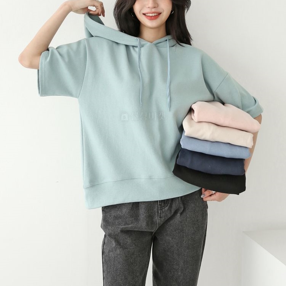 여름 여성 후드 반팔맨투맨 기본 오버핏 박스 반팔 맨투맨 티셔츠 이미지 2