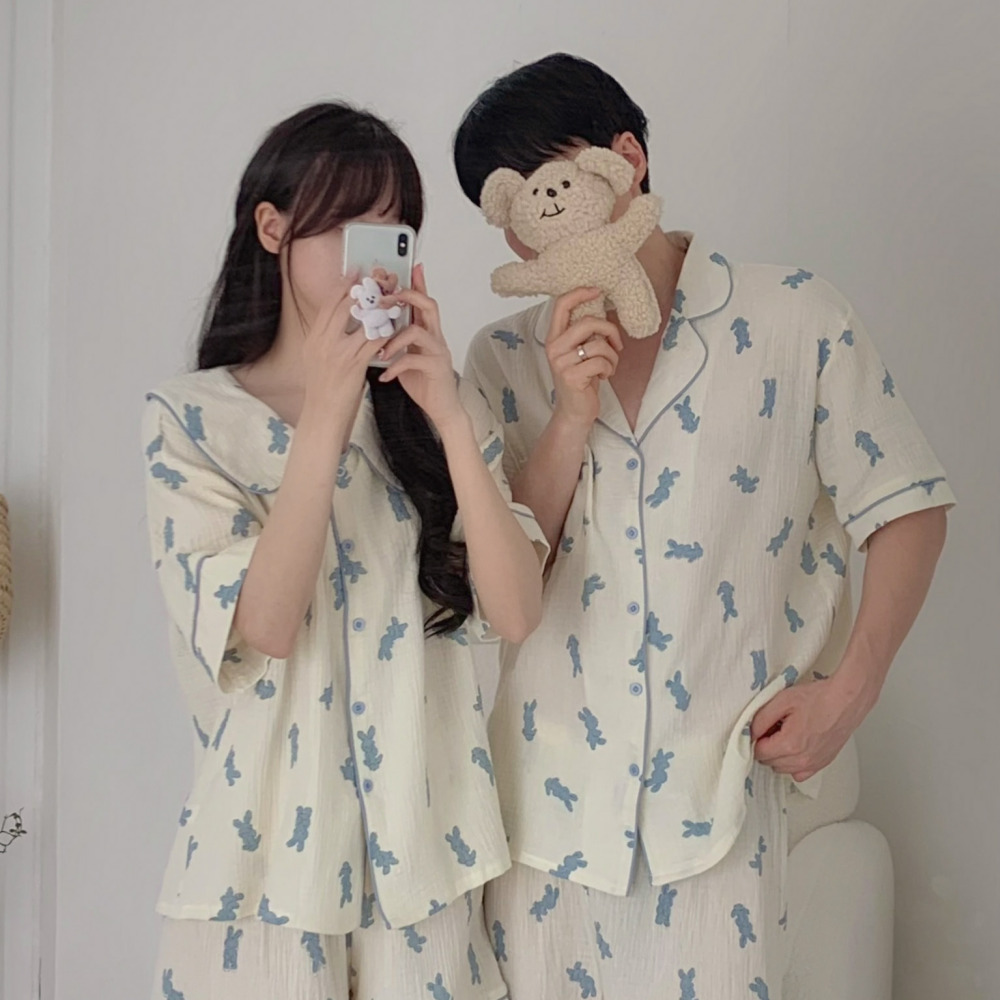 요루면잠옷 여름커플잠옷 면파자마 반팔 빅사이즈 귀여운 캐릭터 홈웨어 세트 - 상세 이미지 3