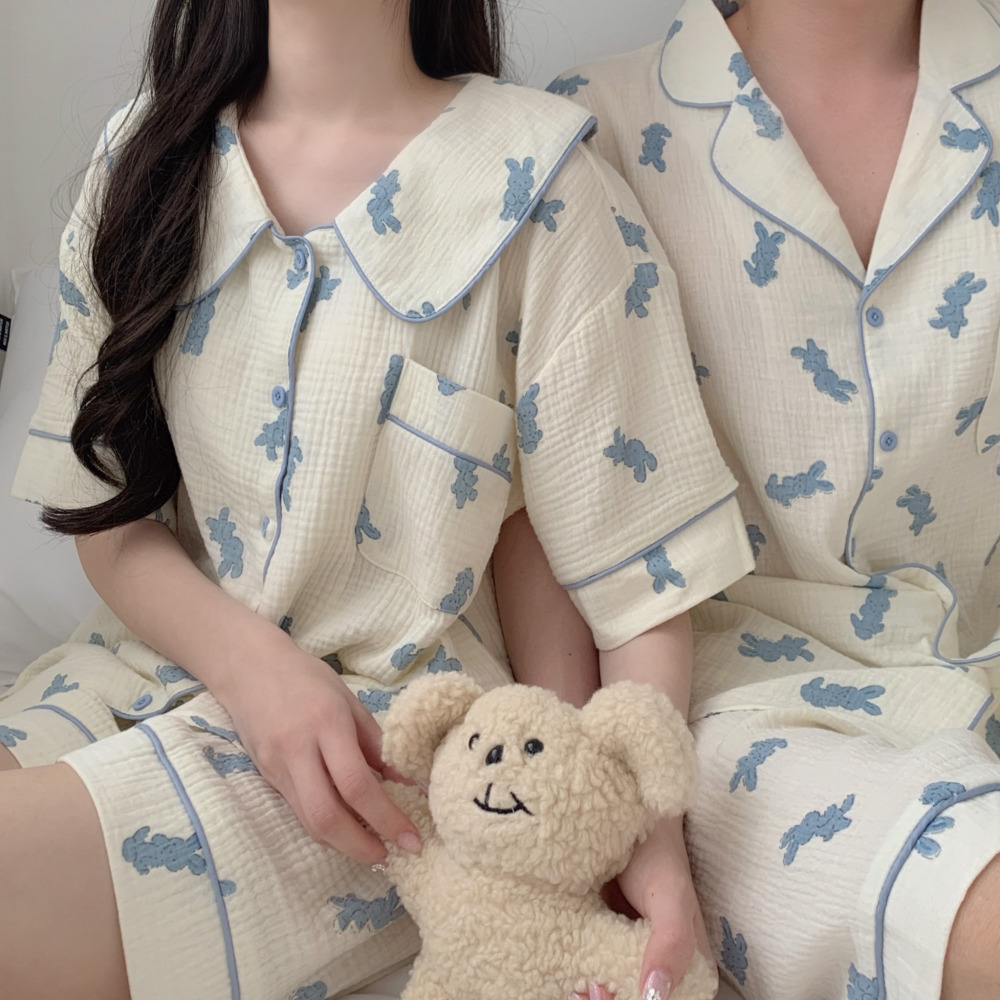 요루면잠옷 여름커플잠옷 면파자마 반팔 빅사이즈 귀여운 캐릭터 홈웨어 세트 - 상품 이미지