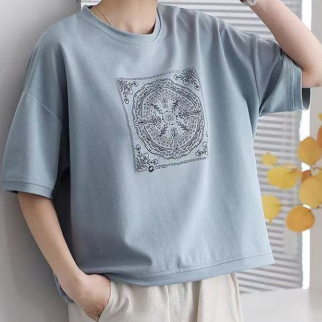 중년여성옷 면 티셔츠 루즈핏 프린트 여름 편안한 - 상품 이미지