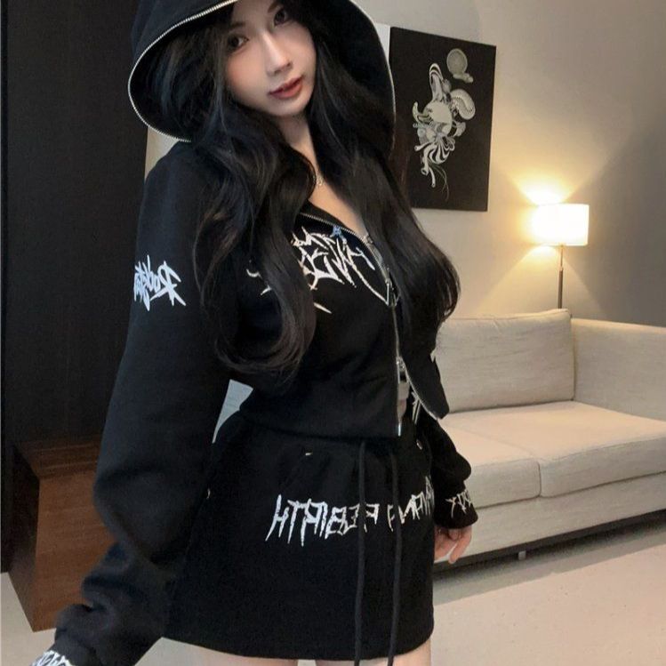 유니크 프린팅 Y2K 스트릿 크롭 후드 집업 미니 스커트 투피스 세트 힙스터룩 - 상세 이미지 3