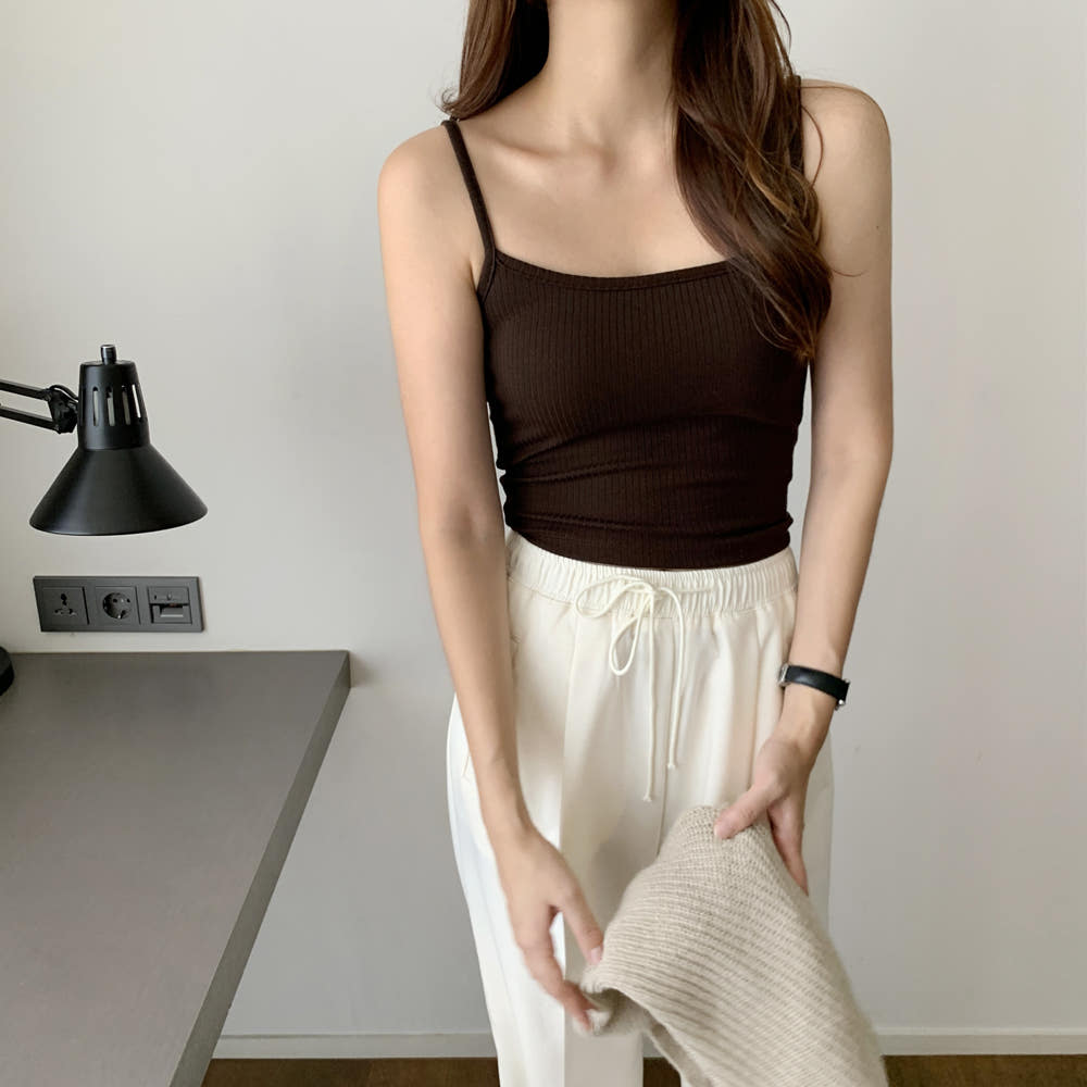 스퀘어넥 골지 크롭티 끈 나시 탑 여자 민소매티 레이어드 이너 여성 여름 티셔츠 탱크탑 제품 이미지