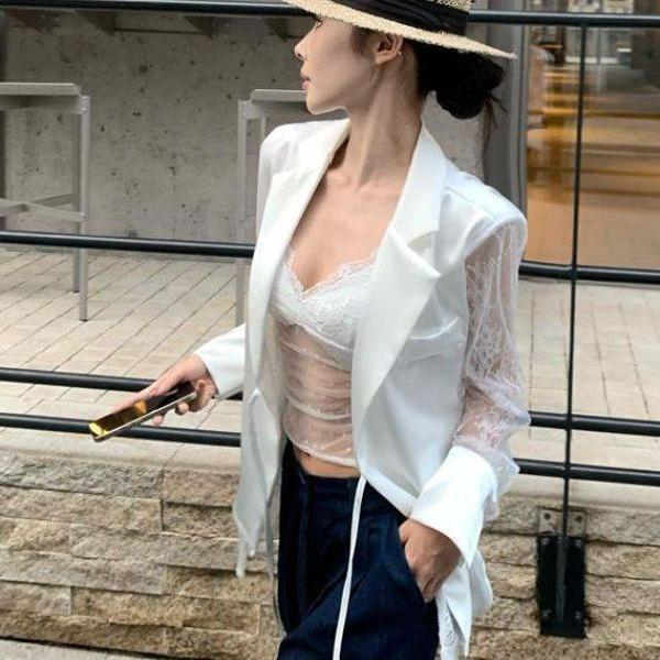 봄 여름 시스루 레이스 백 쉬폰 긴팔 셔츠 블라우스 루즈핏 아우터 화이트 - 상세 이미지 5