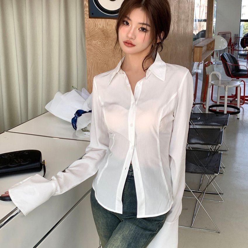 봄 긴팔 코르셋 셔츠 백 레이스업 카라 블라우스 스트릿 캐주얼 화이트 - 상세 이미지 3