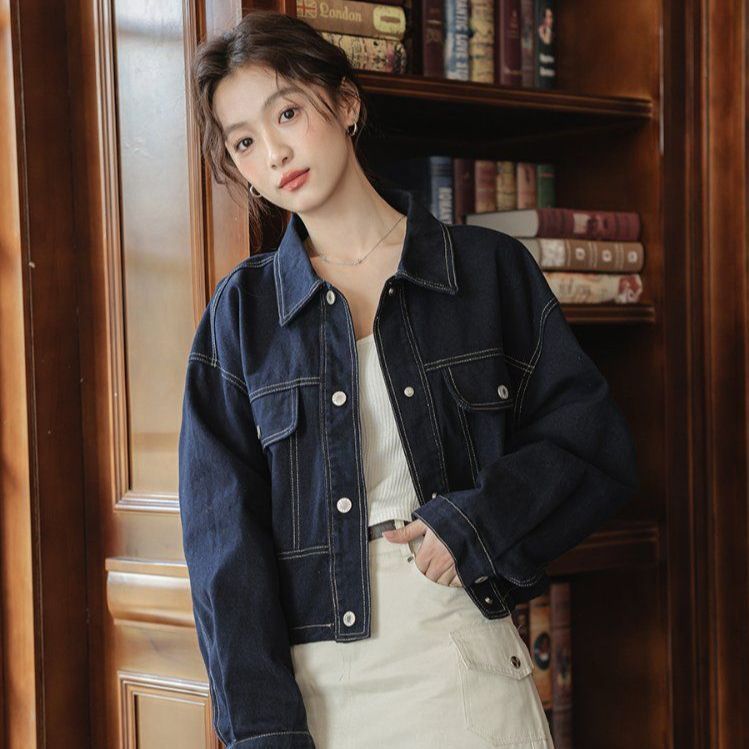스티치 포켓 카라 데님 청자켓 싱글 버튼 베이직 간절기 캐주얼 아우터 봄 네이비 화이트 - 상세 이미지 2