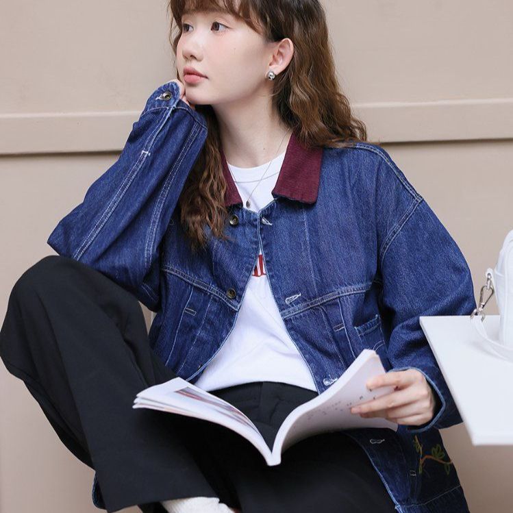 여성 루즈핏 데님 청자켓 긴팔 배색카라 자수 포켓 간절기 봄 가을 진청 - 상세 이미지 3