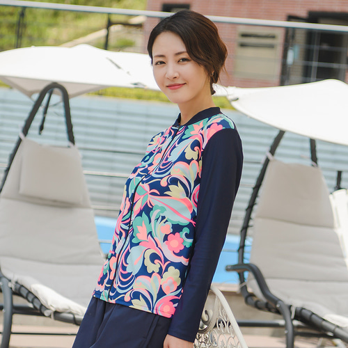 조이마담S7109 형광 플라워 래쉬가드 상의 50대60대중년여성 빅사이즈수영복 - 상세 이미지 3