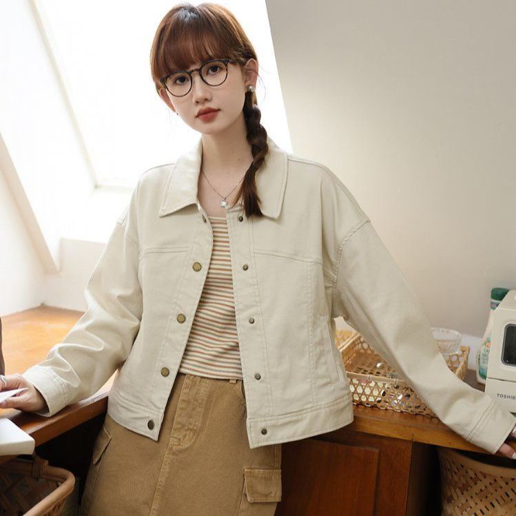 봄 가을 루즈핏 데일리 캐주얼 면 자켓 기본템 싱글버튼 카라 코튼 점퍼 아이보리 - 상품 이미지