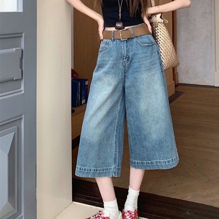 봄 여름 여성 하이웨스트 루즈핏 7부 와이드 데님 팬츠 카프리 청바지 블루 화이트