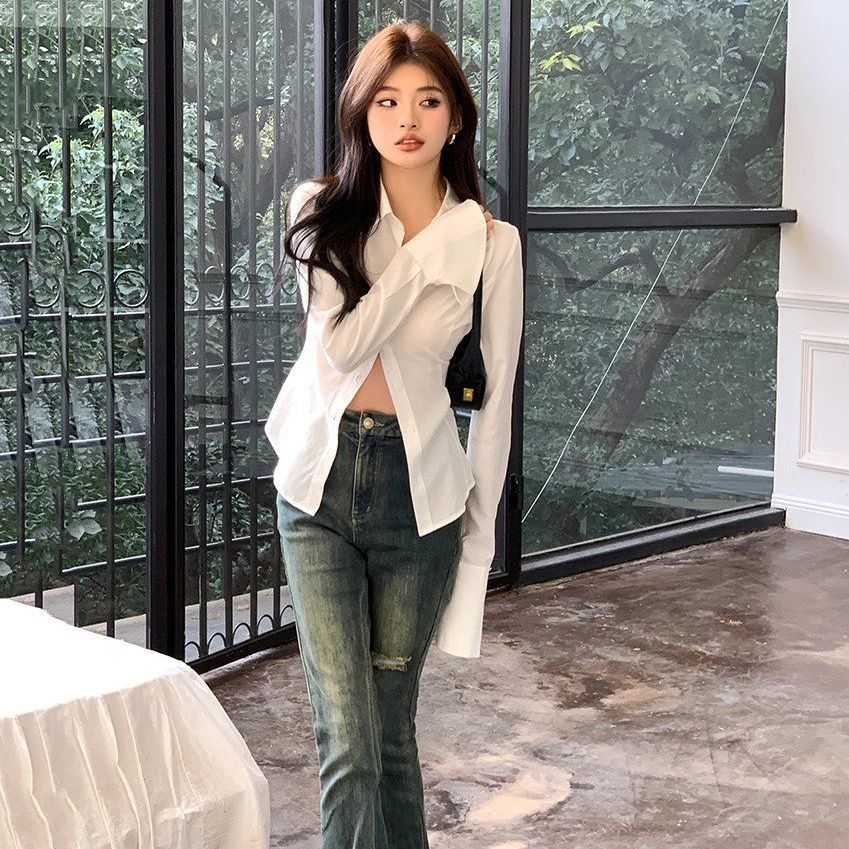 봄 긴팔 코르셋 셔츠 백 레이스업 카라 블라우스 스트릿 캐주얼 화이트 - 상세 이미지 4