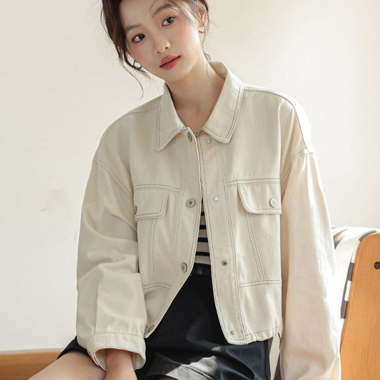 스티치 포켓 카라 데님 청자켓 싱글 버튼 베이직 간절기 캐주얼 아우터 봄 네이비 화이트 - 상세 이미지 3