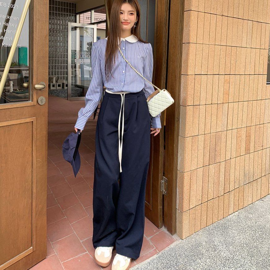 봄 가을 핀턱 밴딩 스트링 하이웨스트 찰랑 와이드 롱 슬랙스 네이비 베이지 그레이 - 메인 이미지