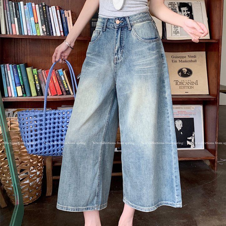 봄 여름 여성 하이웨스트 루즈핏 8부 빈티지 와이드 데님 팬츠 청바지 딥블루 라이트블루