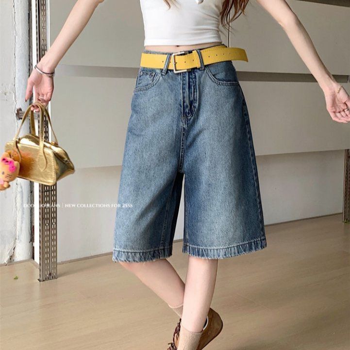 봄 여름 여성 하이웨스트 루즈핏 5부 워싱 와이드 데님 팬츠 반바지 딥블루 라이트블루