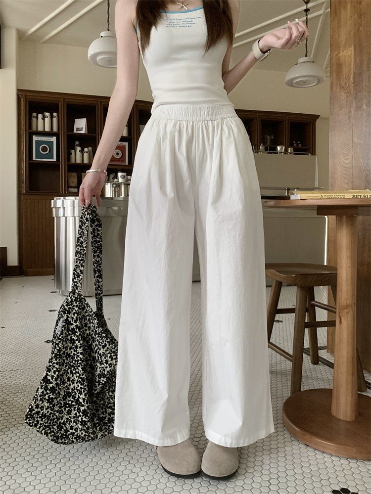 봄 여름 여성 하이웨스트 밴딩 9부 와이드 팬츠 핀턱 찰랑 바지 카키 블루 화이트 블랙 - 상세 이미지 3