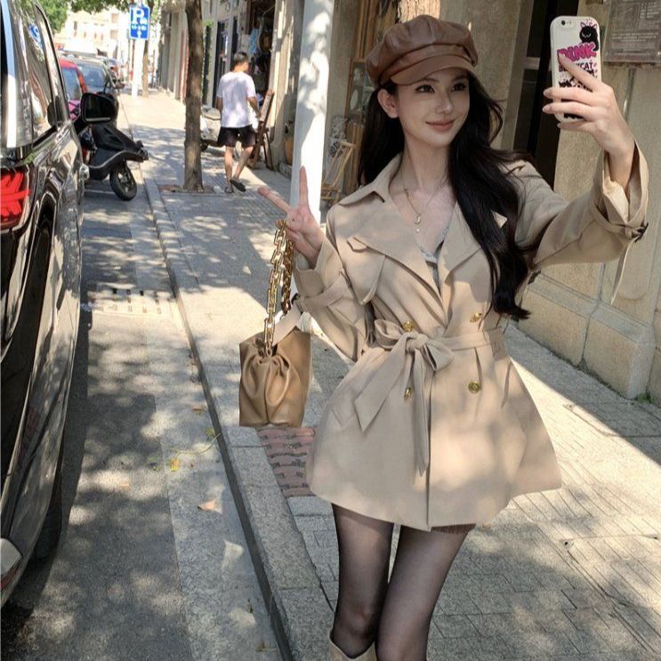 클래식 더블 버튼 트렌치 자켓 미니 원피스 여성 간절기 A라인 벨티드 아우터 데일리룩 코트 - 상품 이미지