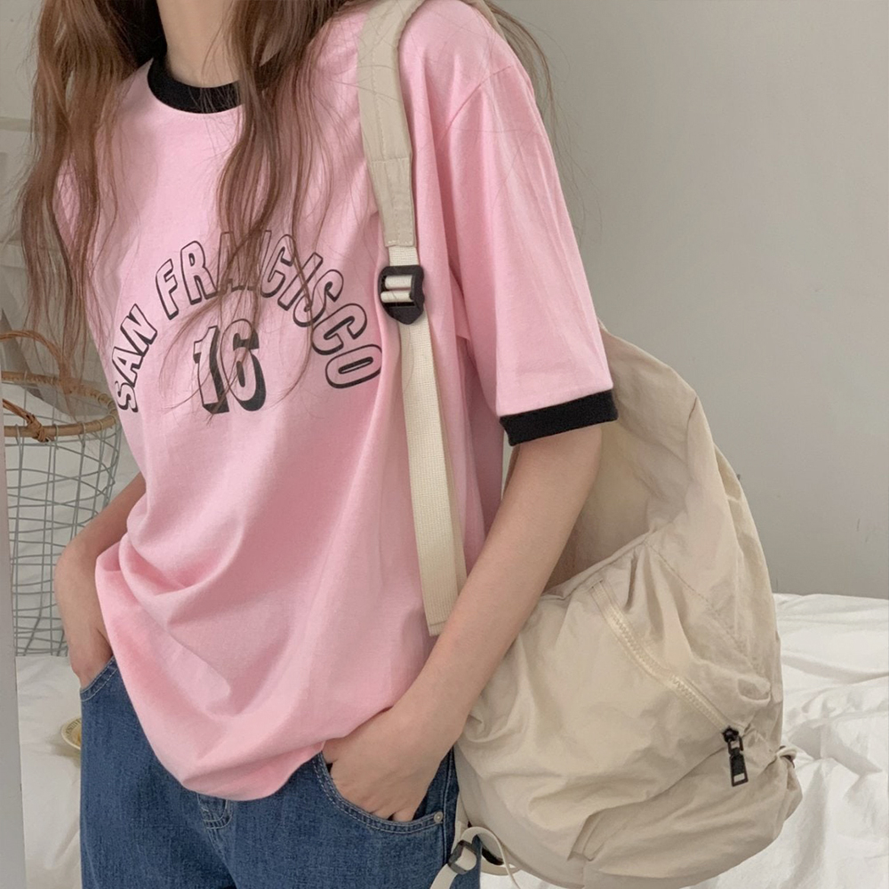 루즈핏 배색 샌프란시스코 레터링 프린팅 티셔츠 여름 여성 티셔츠 면 라운드 여자 반팔티 - 상품 이미지