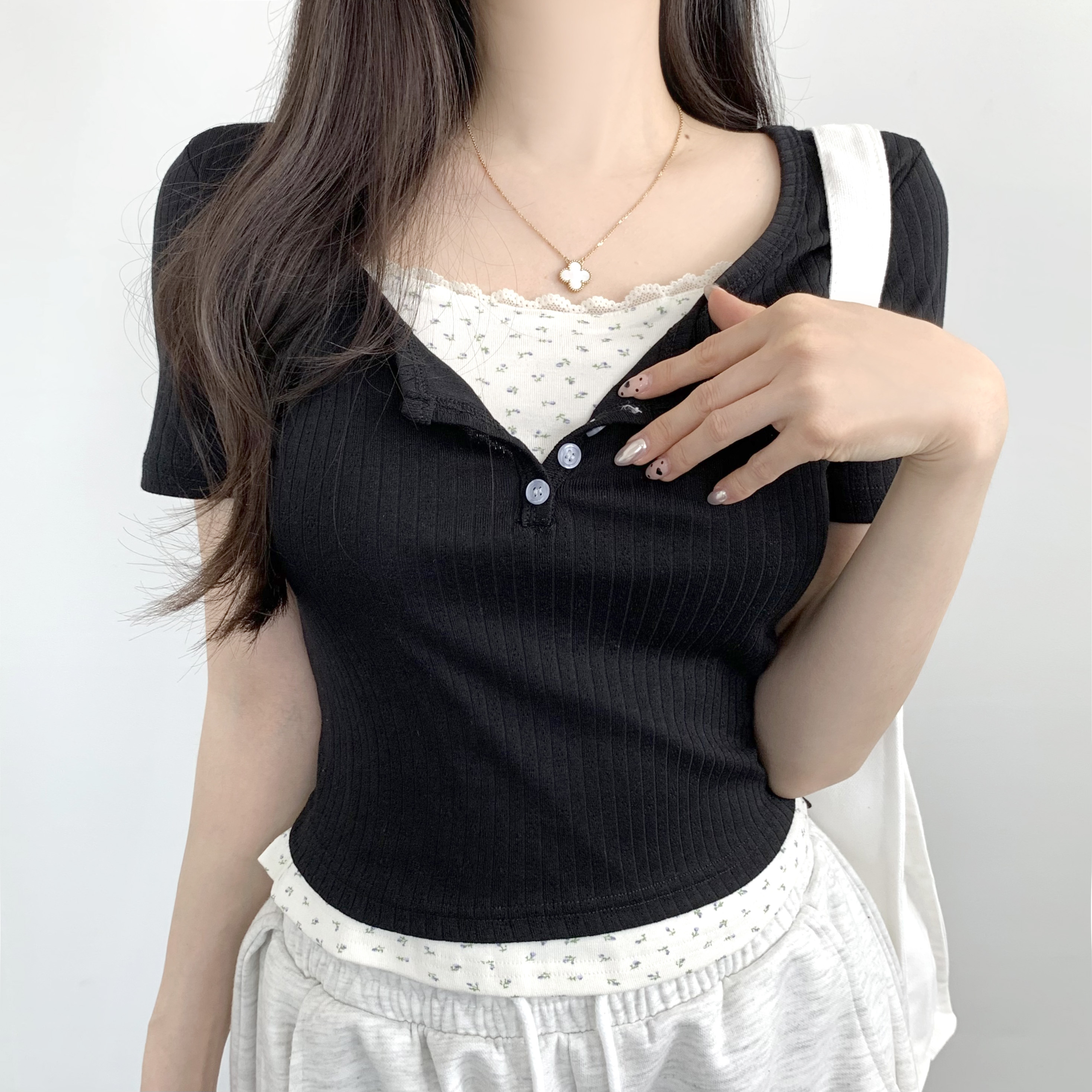 여성 반팔티 프릴 셔링 레이스 레이어드 티셔츠