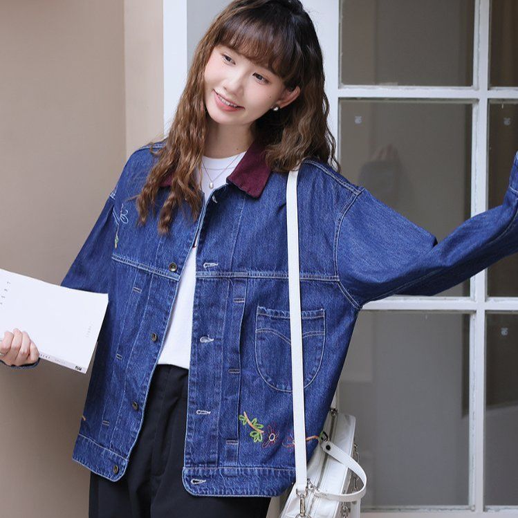 여성 루즈핏 데님 청자켓 긴팔 배색카라 자수 포켓 간절기 봄 가을 진청 - 상세 이미지 4
