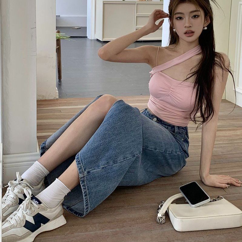 봄 여름 스트릿 데일리 워싱 하이웨스트 H라인 앞트임 데님 롱스커트 청치마 블루 - 상세 이미지 2