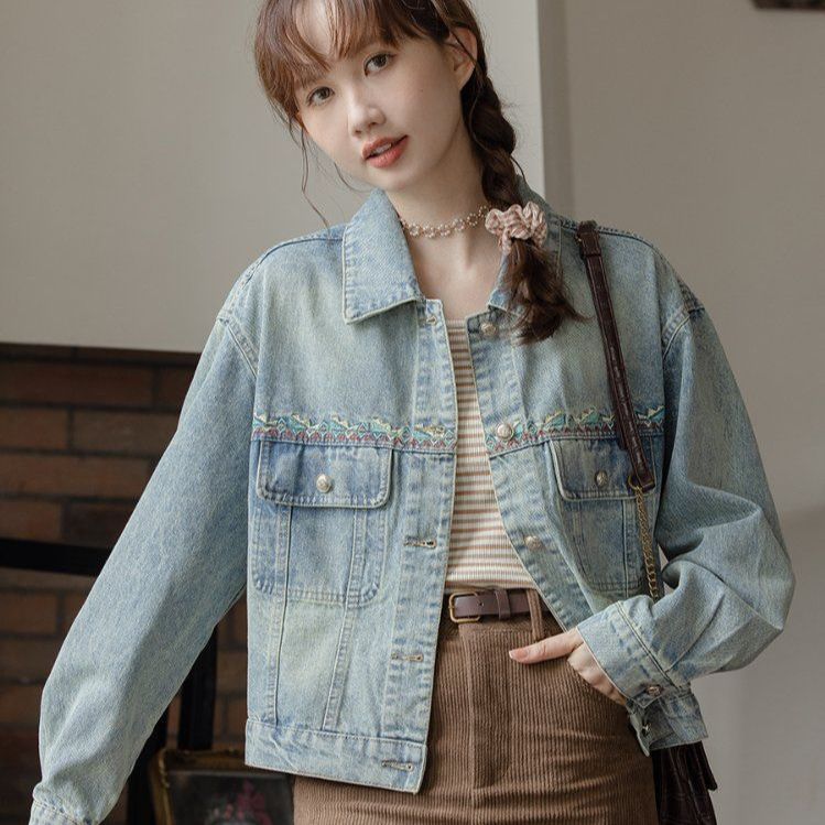 자수 루즈핏 데님 청자켓 빈티지 워싱 포켓 카라 간절기 아우터 봄 가을 빈티지블루 - 상품 이미지