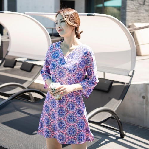 조이마담S7018 에스닉 원피스 수영복 세트 50대60대중년여성 빅사이즈래쉬가드 - 메인 이미지