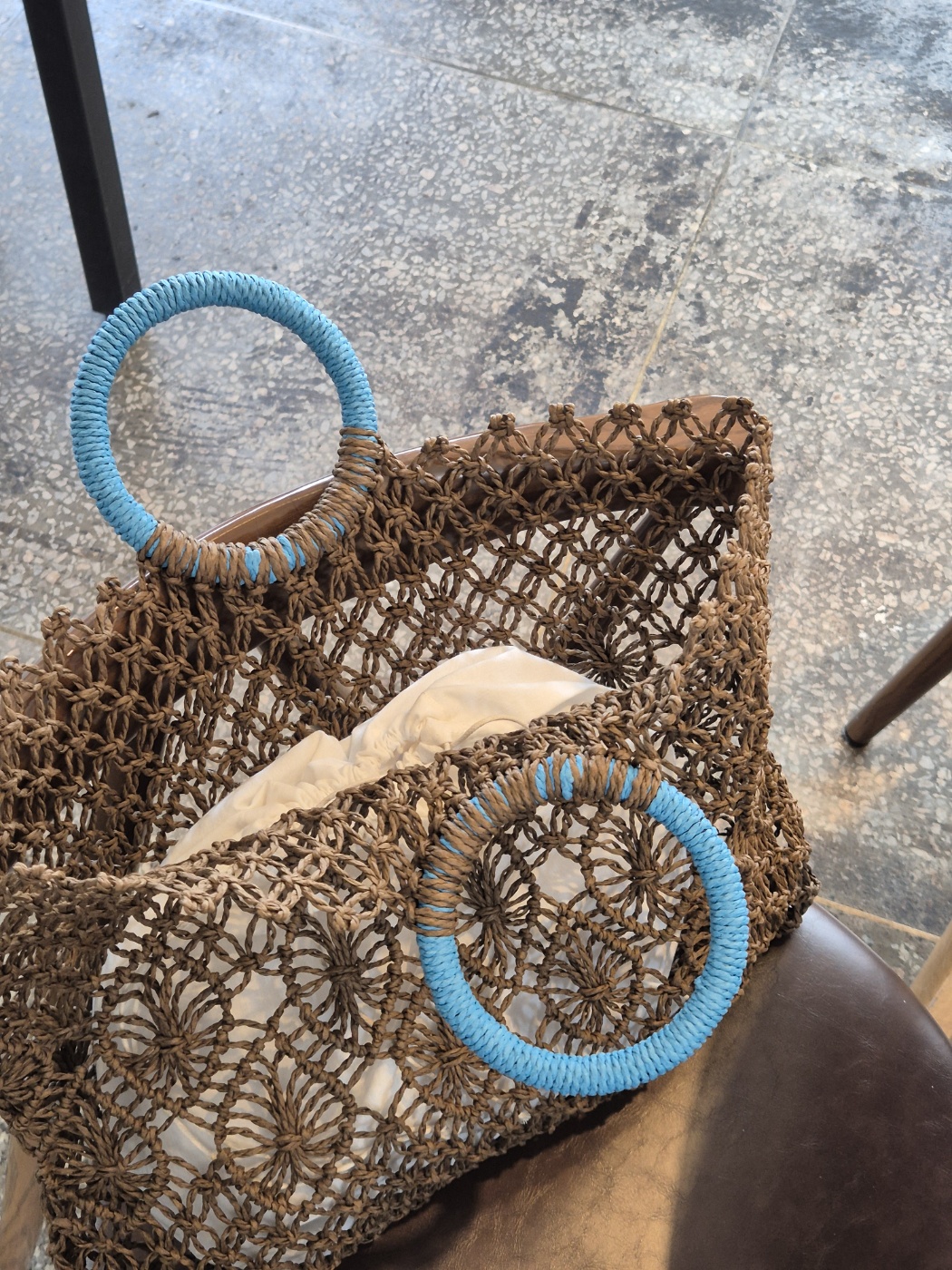 리햅 네이라 블루 핸들 네트 라탄백 핸드메이드 썸머 비치 토트 가방