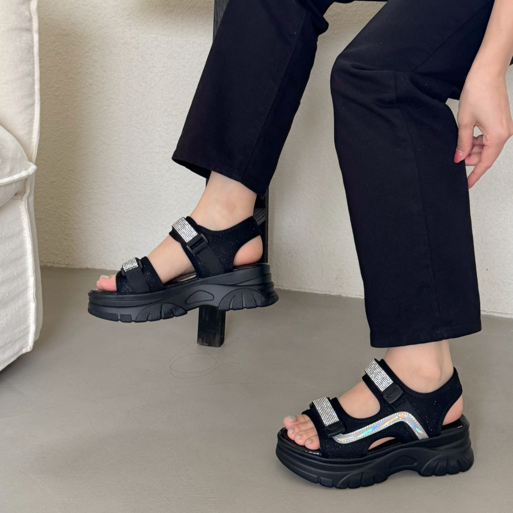 소울리 반짝이 큐빅 글리터 벨크로 통굽 키높이 샌들 6cm - 상세 이미지 5