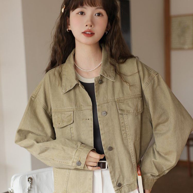 루즈핏 카라 포켓 면 자켓 싱글 버튼 간절기 캐주얼 아우터 봄 가을 카키 - 상세 이미지 4