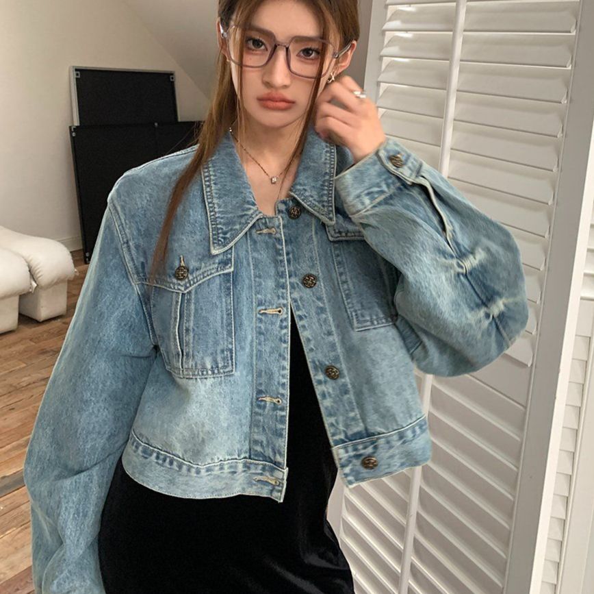 스트릿 캐주얼 워싱 크롭 데님자켓 루즈핏 긴팔 카라넥 포켓 청자켓 봄 가을 라이트블루 - 상세 이미지 4