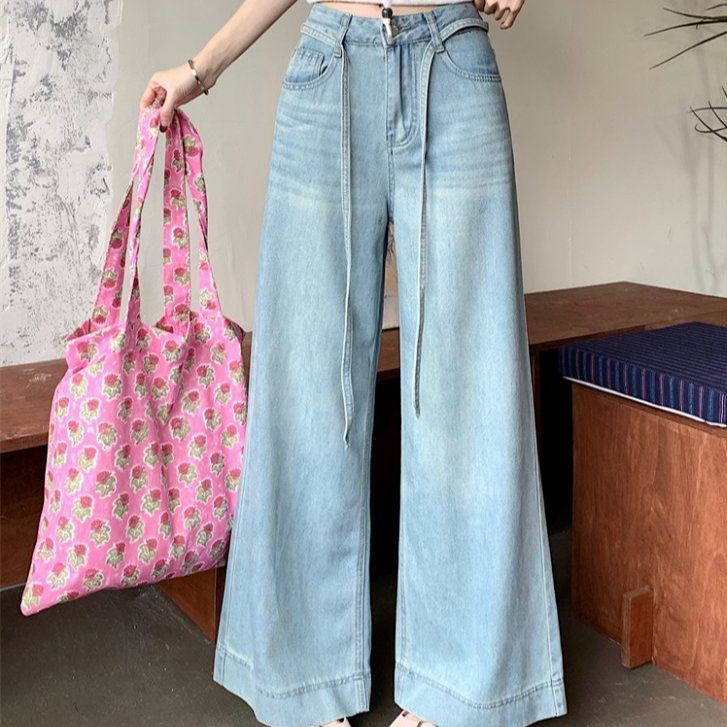 봄 여름 여성 캐주얼 하이웨스트 9부 스트링 와이드 데님 팬츠 통바지 라이트블루 아이보리