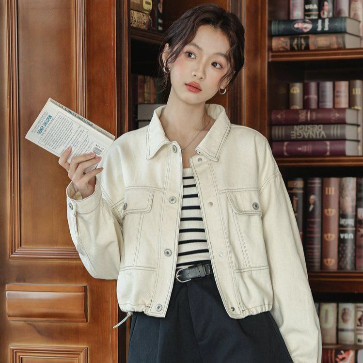 스티치 포켓 카라 데님 청자켓 싱글 버튼 베이직 간절기 캐주얼 아우터 봄 화이트 네이비 - 메인 이미지