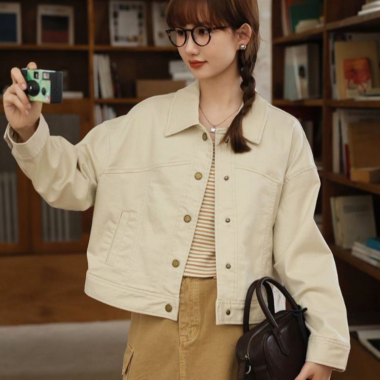 봄 가을 루즈핏 데일리 캐주얼 면 자켓 기본템 싱글버튼 카라 코튼 점퍼 아이보리 - 상세 이미지 4