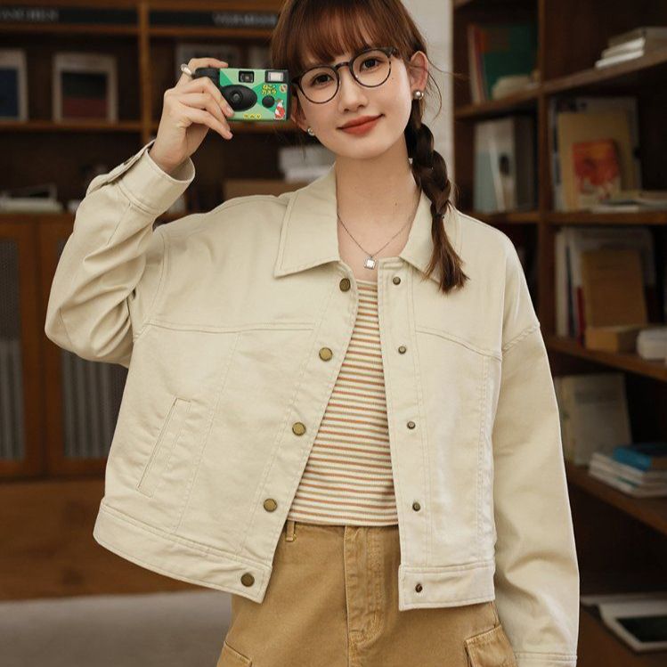 봄 가을 루즈핏 데일리 캐주얼 면 자켓 기본템 싱글버튼 카라 코튼 점퍼 아이보리 - 상세 이미지 3