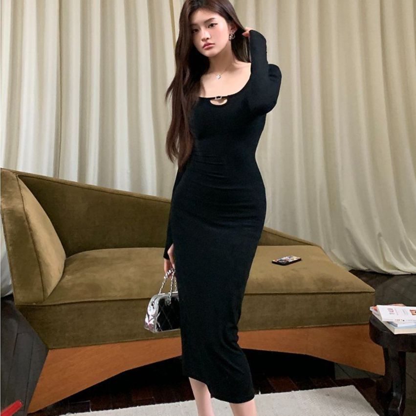 봄 가을 스퀘어넥 슬림핏 롱 원피스 백리스 스판 모달 혼방 블랙 카키베이지