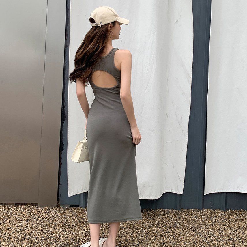 봄 여름 스트릿 홀터넥 레이서백 골지 슬림핏 H라인 미디 롱원피스 그레이 그린 블랙