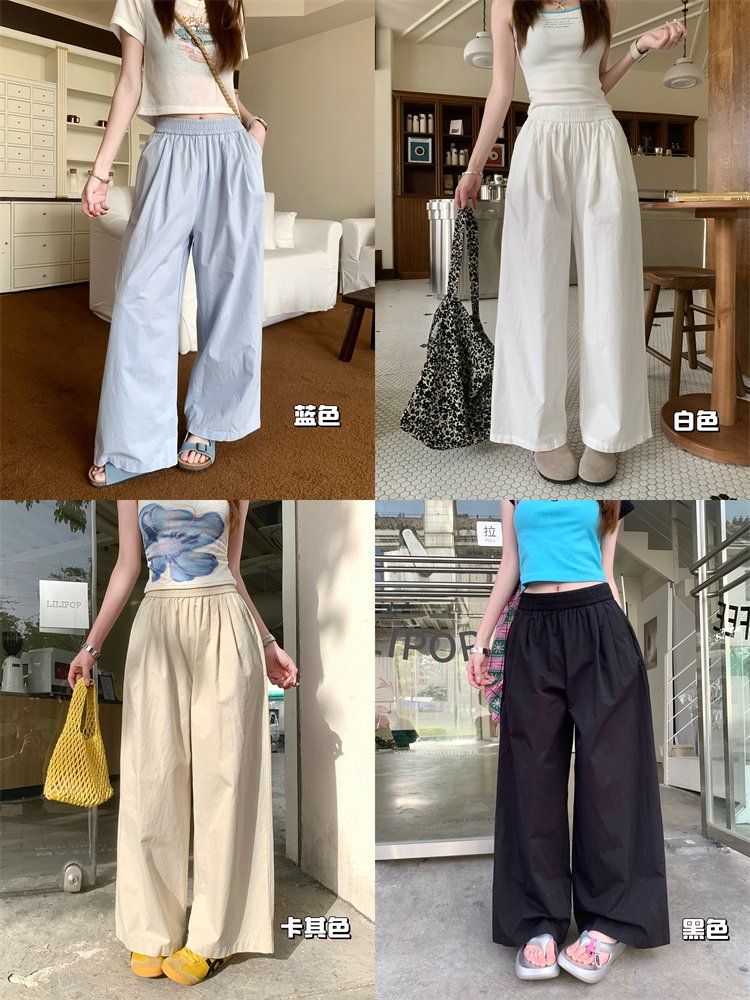 봄 여름 여성 하이웨스트 밴딩 9부 와이드 팬츠 핀턱 찰랑 바지 카키 블루 화이트 블랙 - 상세 이미지 5