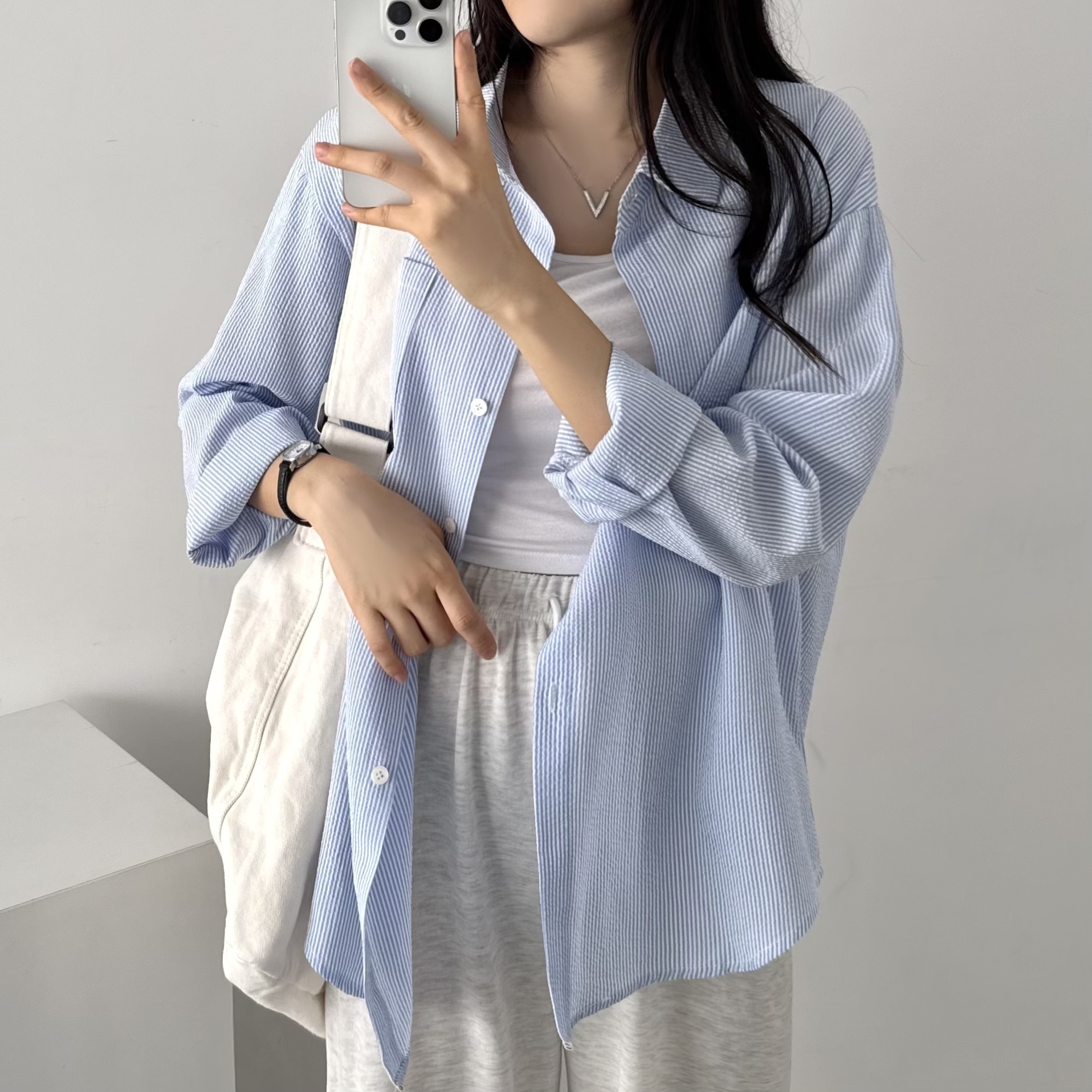 여름 긴팔 남방 시어서커 셔츠 린넨 스트라이프 셔츠 - 상품 이미지