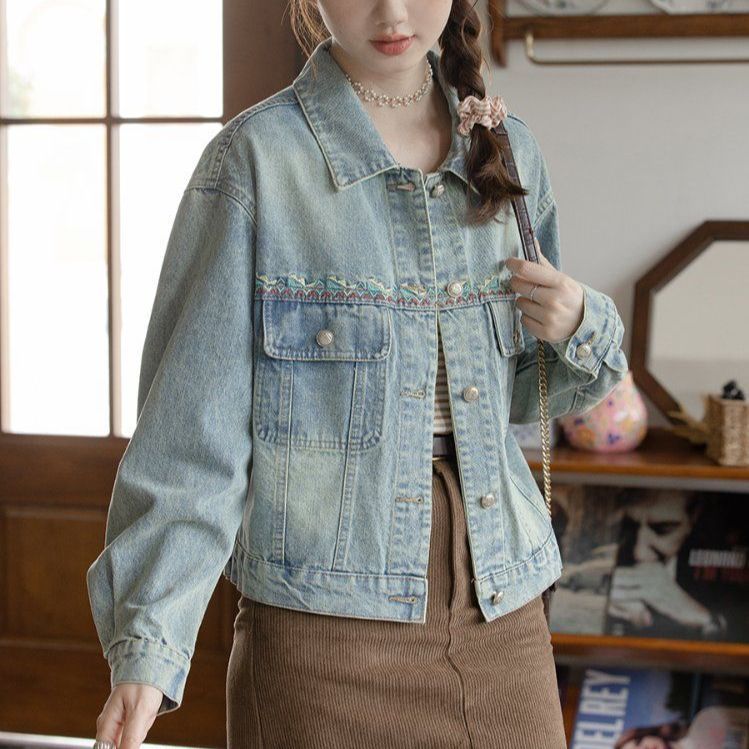 자수 루즈핏 데님 청자켓 빈티지 워싱 포켓 카라 간절기 아우터 봄 가을 빈티지블루 - 상세 이미지 3