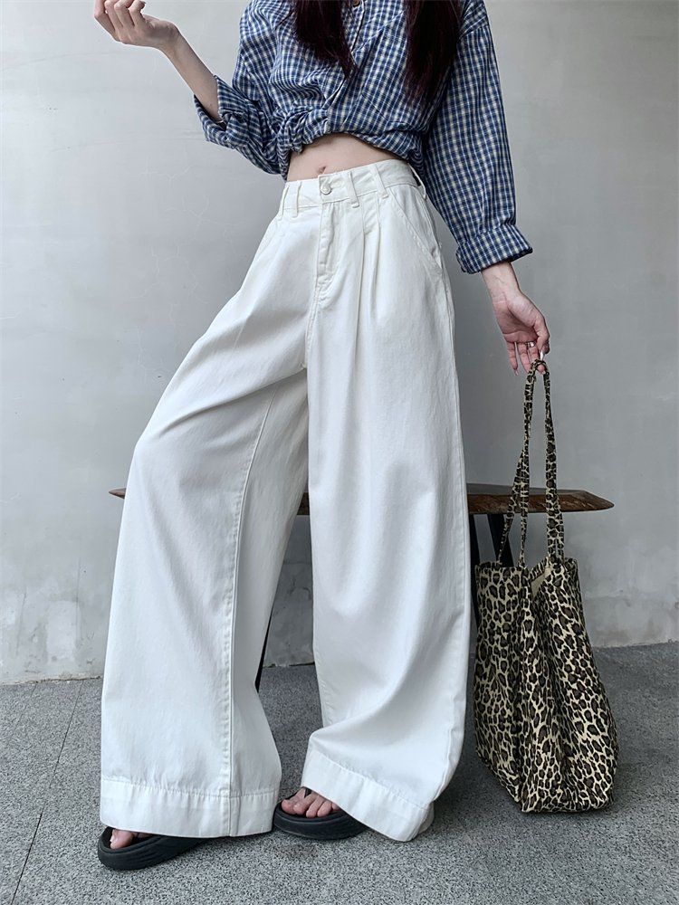 봄 여름 여성 하이웨스트 루즈핏 롱 핀턱 면 와이드 팬츠 바지 화이트 - 상세 이미지 2
