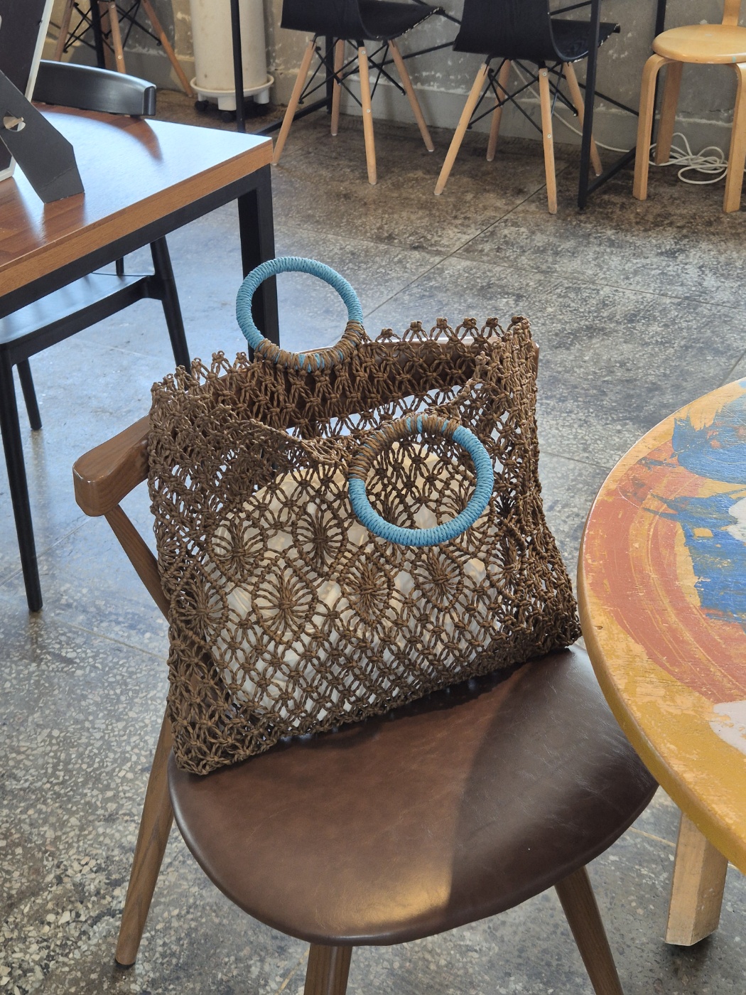 리햅 네이라 블루 핸들 네트 라탄백 핸드메이드 썸머 비치 토트 가방