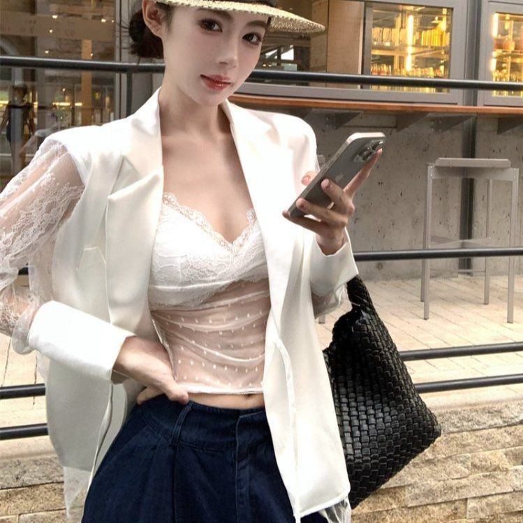 봄 여름 시스루 레이스 백 쉬폰 긴팔 셔츠 블라우스 루즈핏 아우터 화이트 - 상세 이미지 3